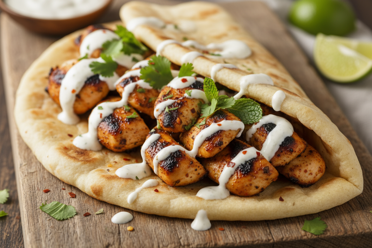 Fluffy Naan Wrap with Spicy Chicken & Creamy Garlic Sauce (Easy & Satisfying)