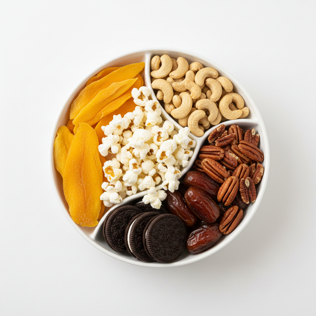Sweet & Crunchy Snack Bowl (Popcorn, Nuts, Dates & Oreos)