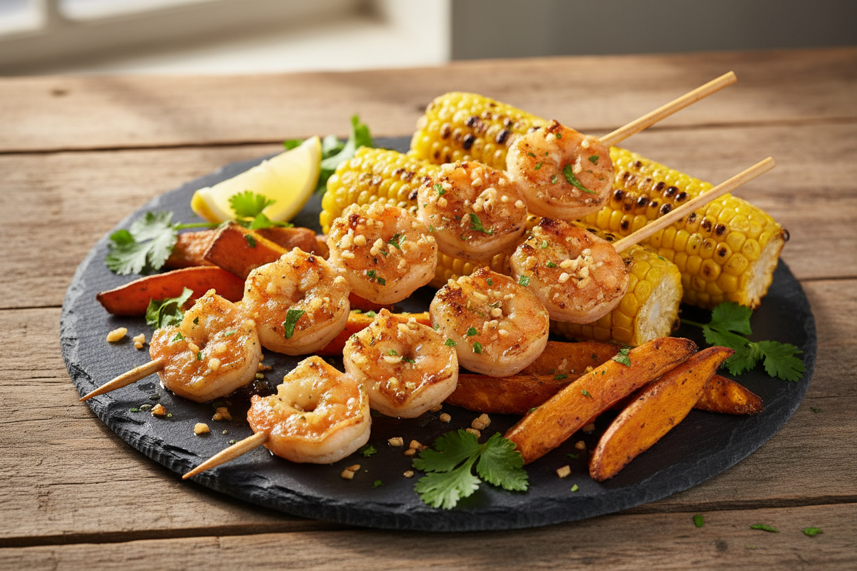 Garlic Ginger Buttered Prawns with Sweet Corn & Roasted Sweet Potatoes