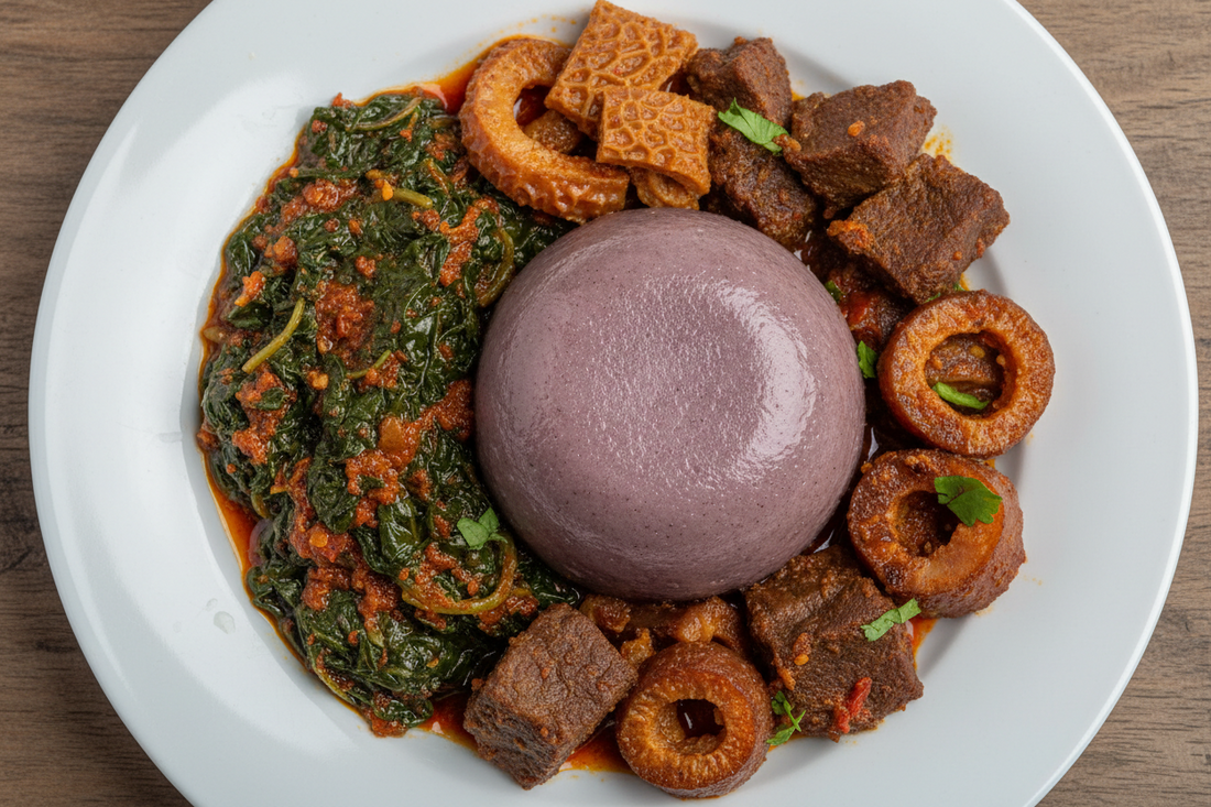Purple Poundo Yam with Peppered Spinach & Assorted Meat