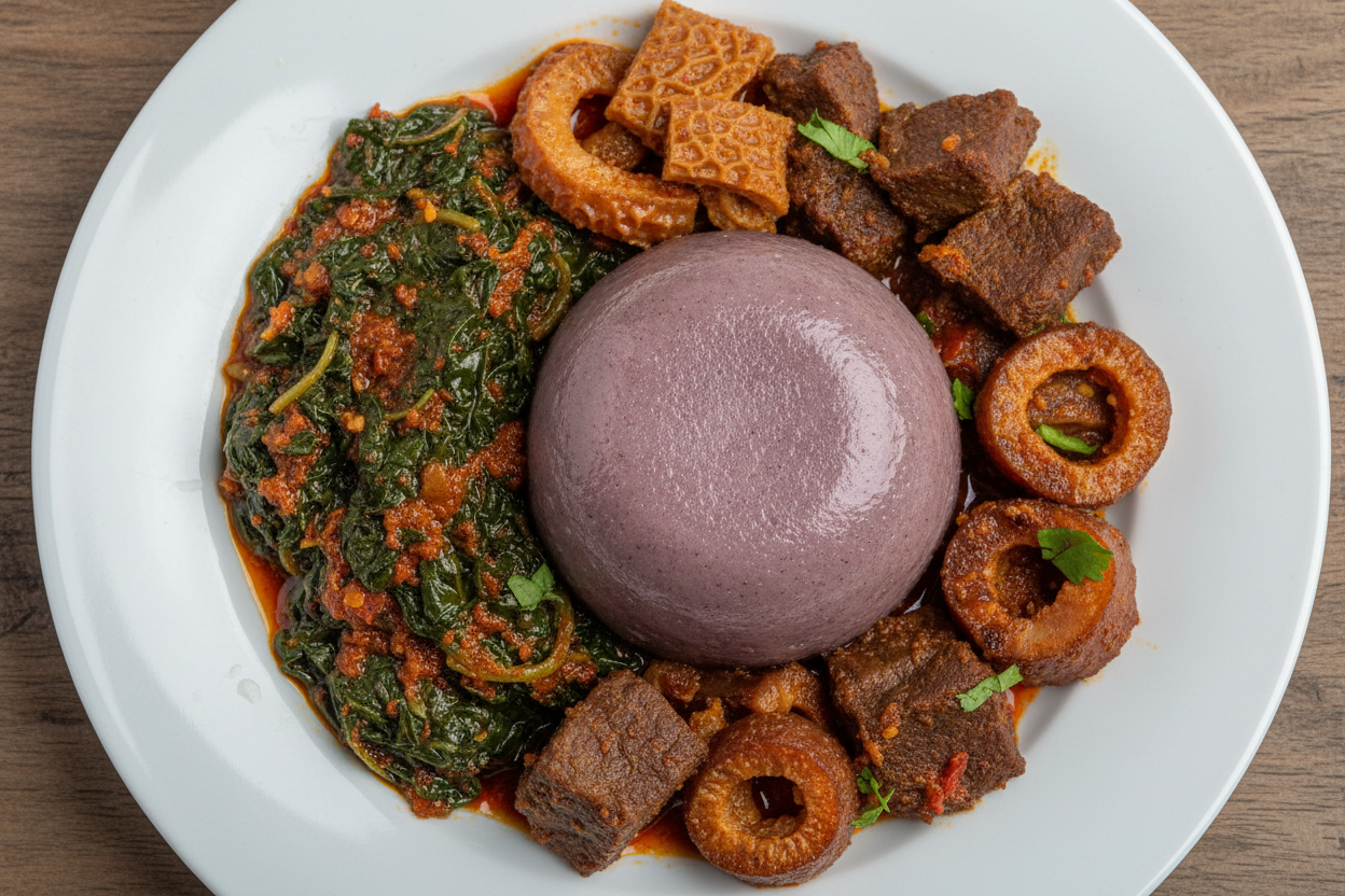 Purple Poundo Yam with Peppered Spinach & Assorted Meat