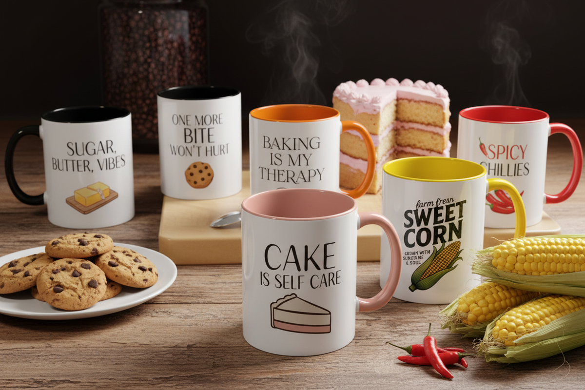 Collection of cute and stylish coffee mugs featuring modern typography, food-themed quotes, and aesthetic designs for everyday use or gifting