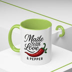 Made With Love & Pepper Accent Coffee Mug – Spicy Chili Kitchen Gift