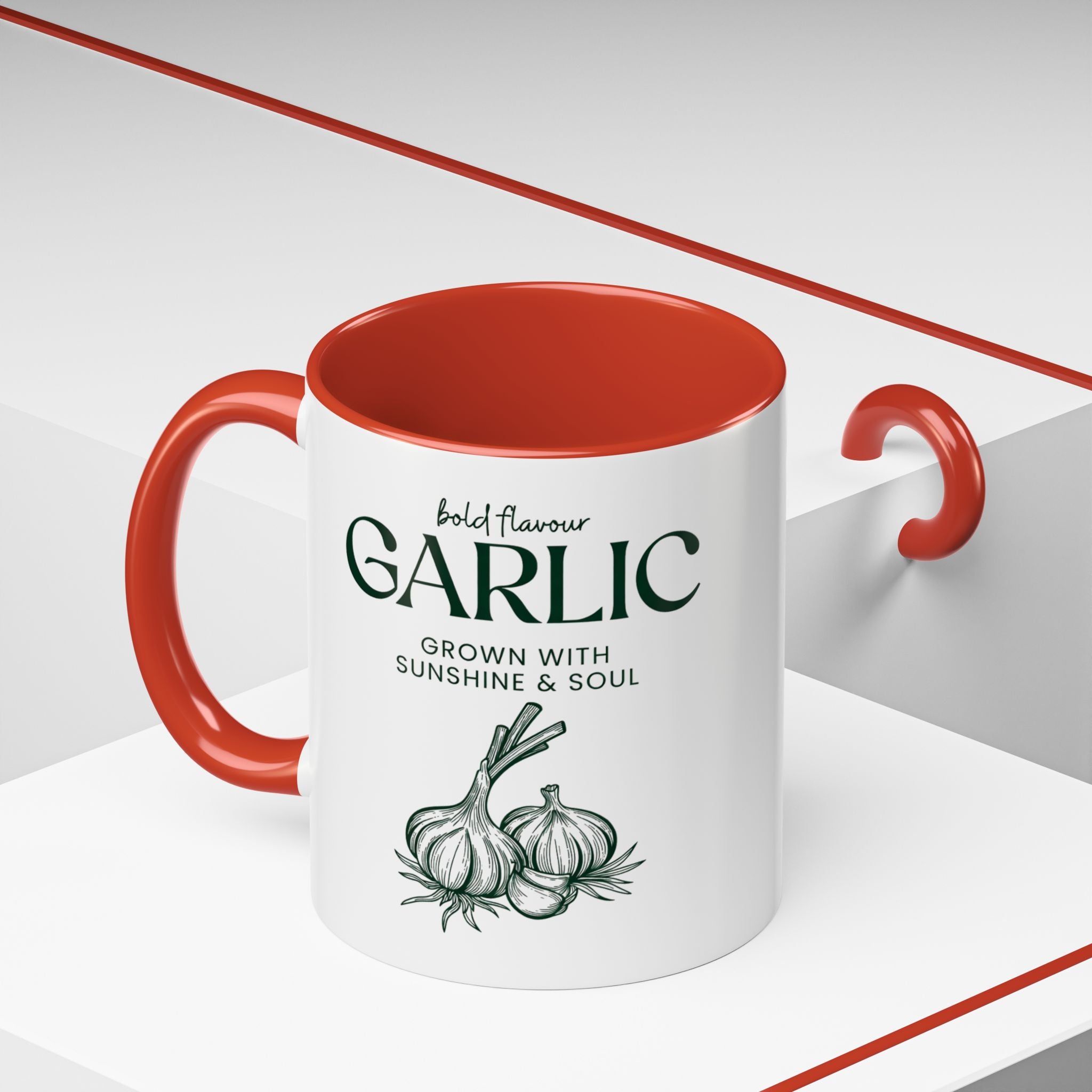 Garlic Coffee Mug – "Bold Flavour: Grown with Sunshine & Soul" Accent Ceramic Mug