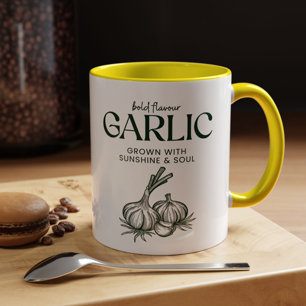 Garlic Coffee Mug – "Bold Flavour: Grown with Sunshine & Soul" Accent Ceramic Mug