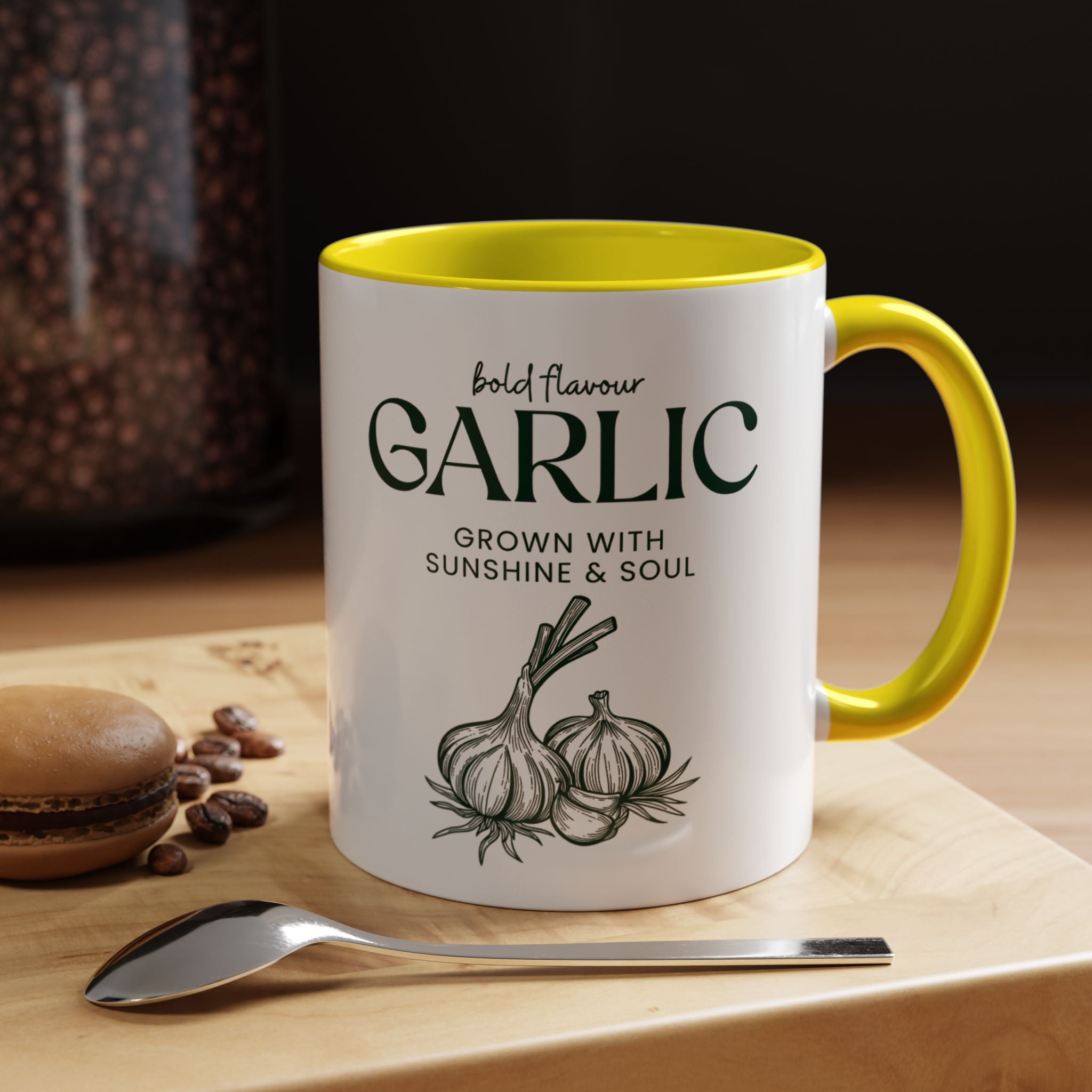 Garlic Coffee Mug – "Bold Flavour: Grown with Sunshine & Soul" Accent Ceramic Mug