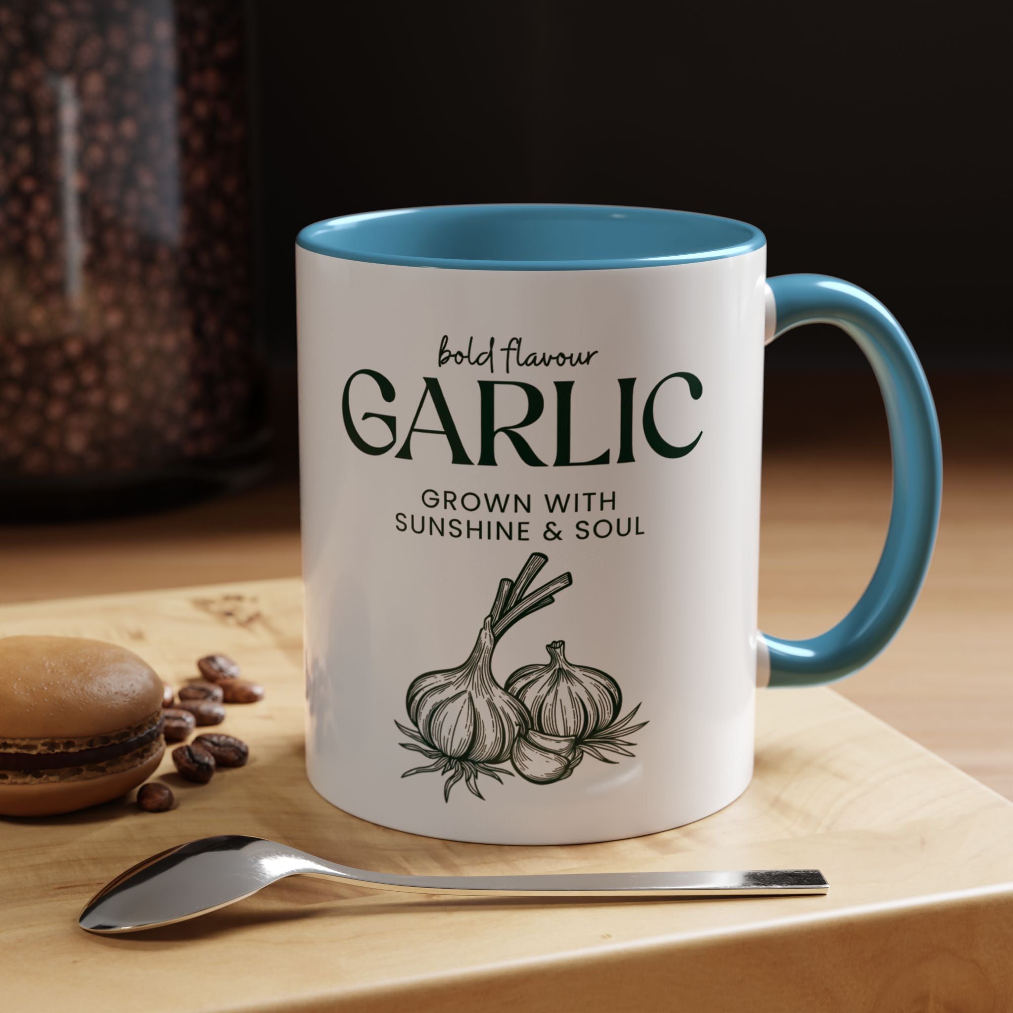 Garlic Coffee Mug – "Bold Flavour: Grown with Sunshine & Soul" Accent Ceramic Mug